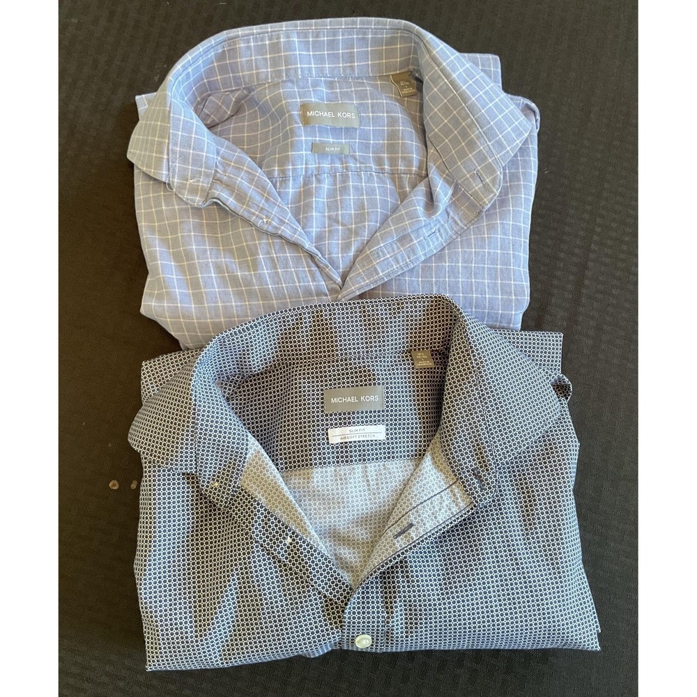Michael Kors Dress Shirt Mens 16.5 32/33 Slim Fit Blue Lot of 2 Airsoft Stretch